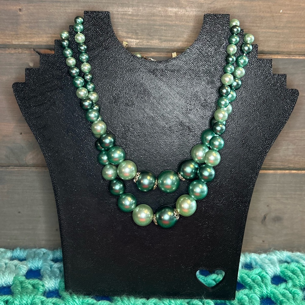 Vintage Iridescent Multi Green Colored Double Strand Faux Pearl Necklace.